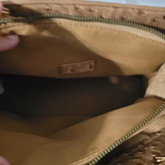 Ostrich Bow Faux Leather 3 Compartment Satchel - Camel - Picture 10 of 13